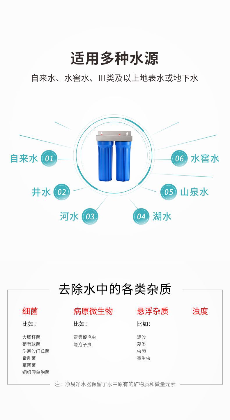 凈易全屋中央前置過濾器可用于農(nóng)村飲水凈化、山區(qū)水源凈化、雨水/井水等地表水及地下水的凈化